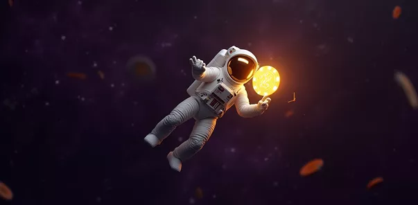 Astronaut floating in space holding a glowing coin